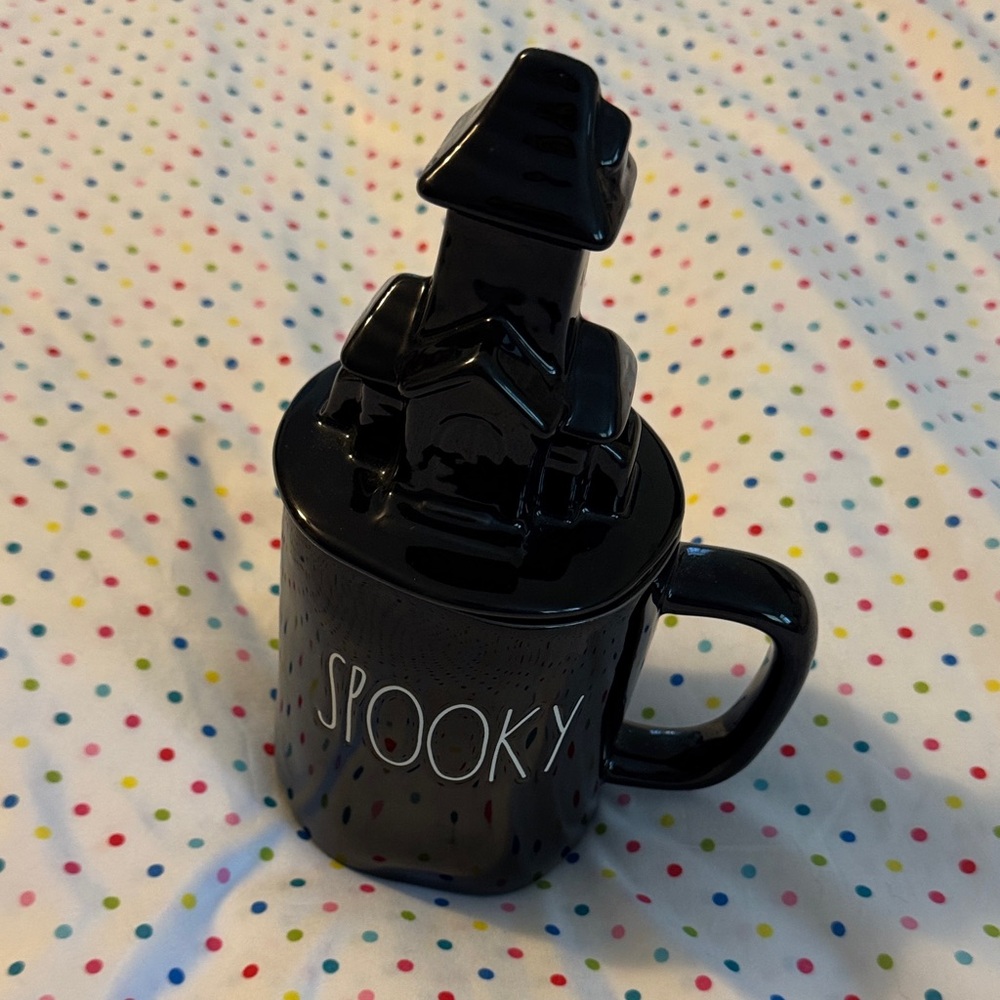 Black Spooky Mug with Haunted House Lid Rae Dunn EUC